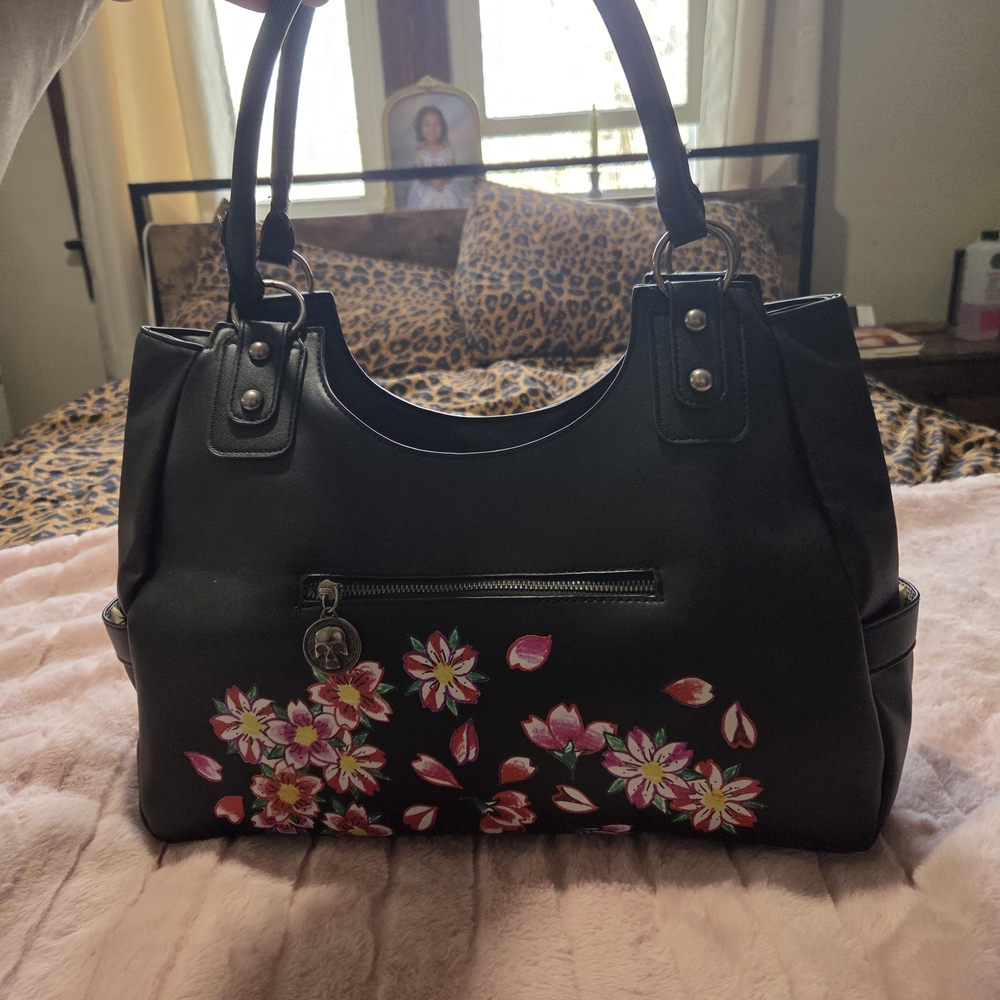 Ed Hardy Black Shoulder Bag with Pink & White Floral Accents